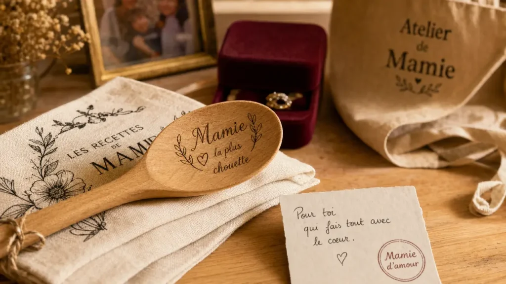 Cadeau mamie personnalisé, cuillère gravée et carte Mamie d’amour