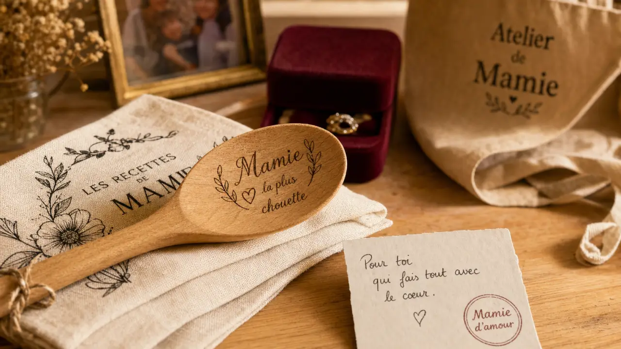 Cadeau mamie personnalisé, cuillère gravée et carte Mamie d’amour