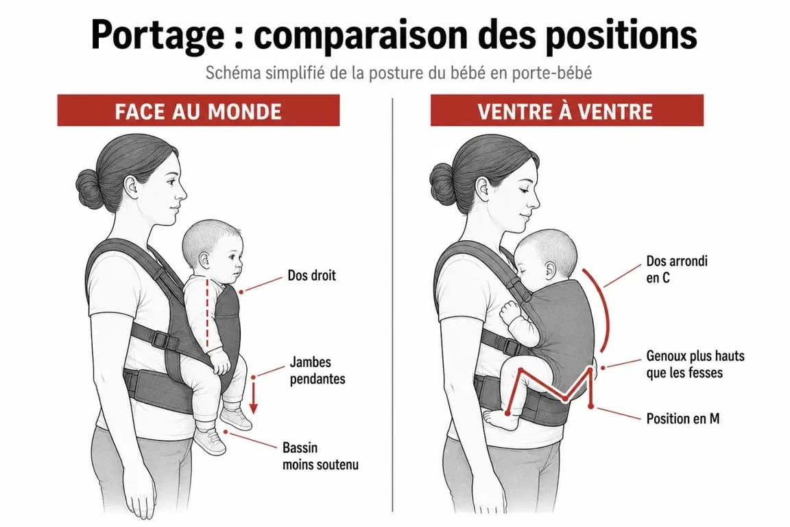 Comparaison visuelle entre le portage face au monde et le portage physiologique en porte-bébé pour comprendre la position du dos et des hanches.