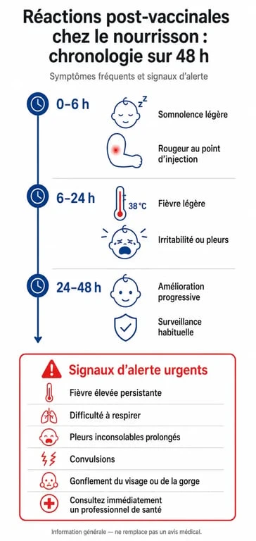 Infographie des réactions post-vaccinales chez le bébé de 2 mois et signaux d'alerte après le vaccin