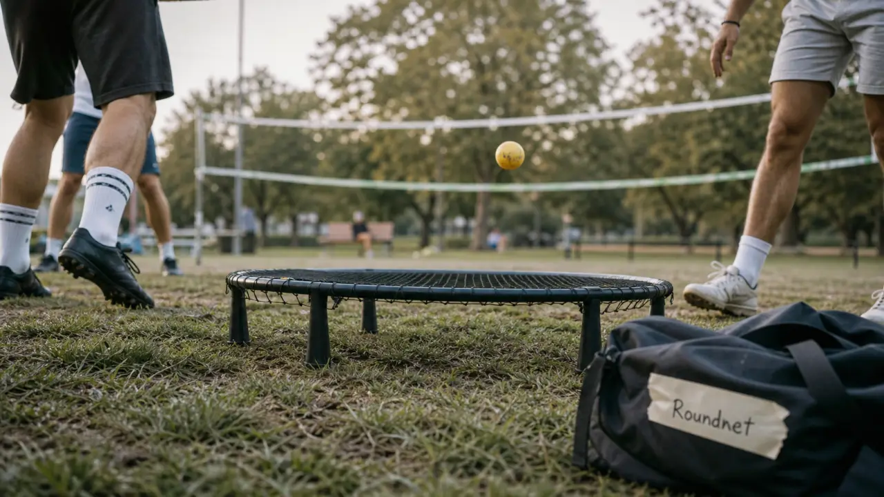 Jeu balle trampoline (roundnet) en extérieur sur l’herbe près d’un filet