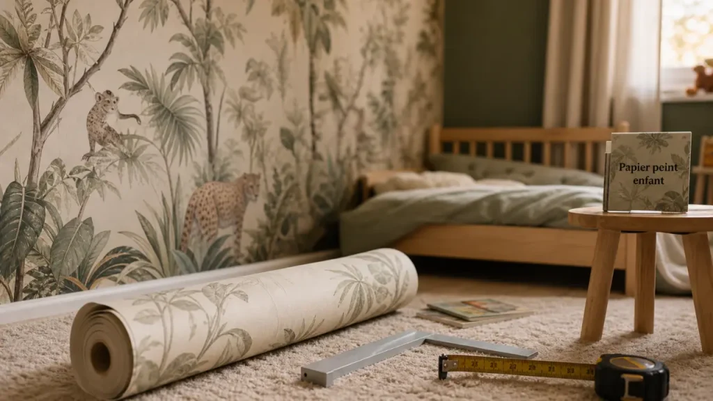 Papier peint chambre enfant, mur accent jungle douce