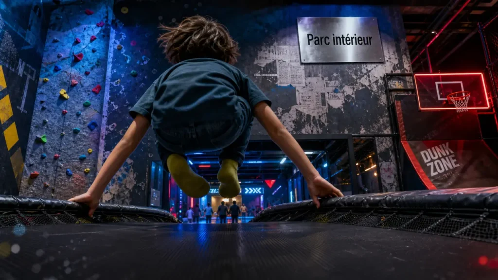 Parc intérieur : enfant sur trampoline et zone laser game
