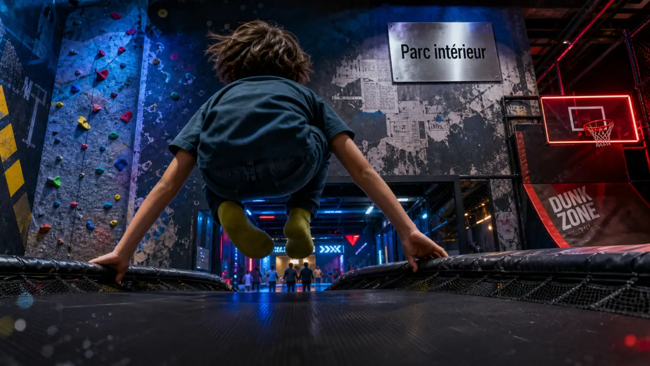 Parc intérieur : enfant sur trampoline et zone laser game