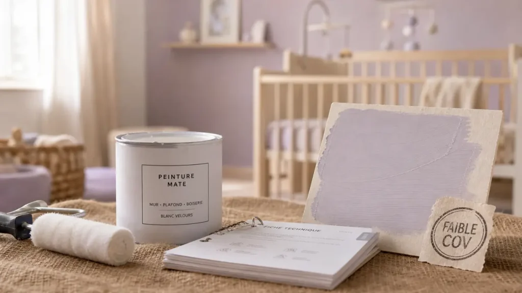 Peinture non toxique bébé faible COV : rouleau, pot blanc et étiquette