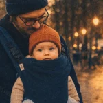 Porte bébé face au monde, parent en parc urbain, sécurité et développement