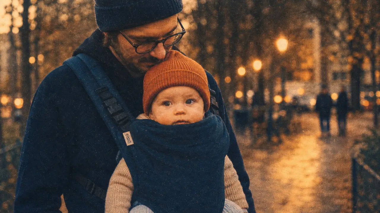 Porte bébé face au monde, parent en parc urbain, sécurité et développement