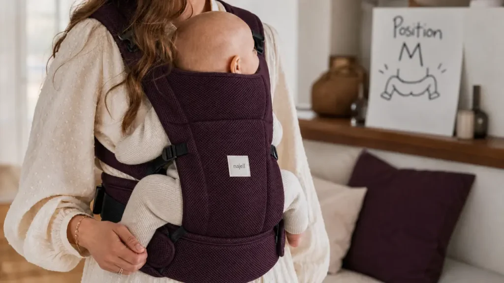 Quel porte bébé choisir : bébé en position M dans un porte-bébé physiologique
