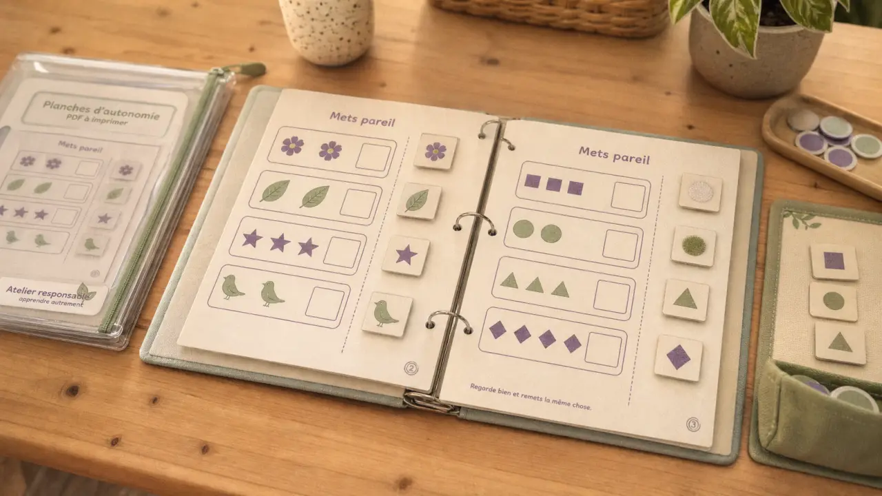 activité pour autiste à imprimer pdf : classeur d’autonomie visuel, étiquettes et pastilles