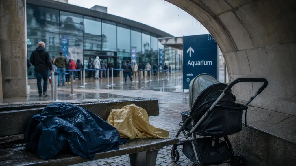 Aquarium La Rochelle quand il pleut : poussette sous arche couverte, gouttes et halles