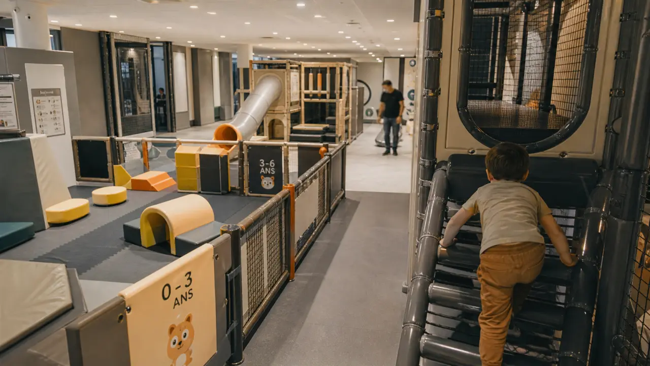 Aire de jeu intérieur sécurisée : enfant sur structure, sol amortissant et surveillance adulte