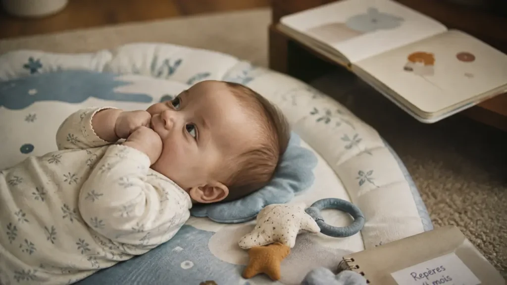 Bébé 4 mois sur tapis d’éveil, repères de développement