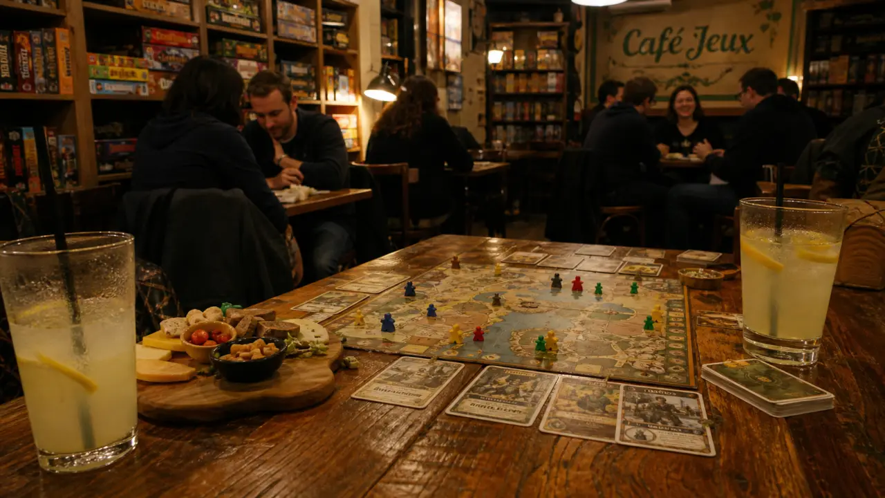 Photo d’un café jeux : ambiance chaleureuse et jeu de société sur table