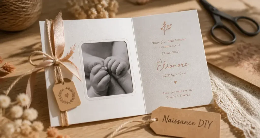 DIY faire part naissance sur papier mat texturé, ficelle de jute et ruban beige