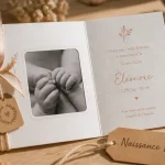 DIY faire part naissance sur papier mat texturé, ficelle de jute et ruban beige