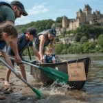 Dordogne tourisme famille : famille en barque au bord de la Dordogne et château