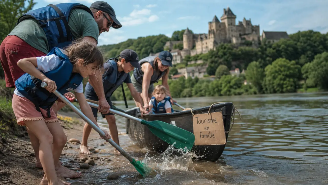 Dordogne tourisme famille : famille en barque au bord de la Dordogne et château