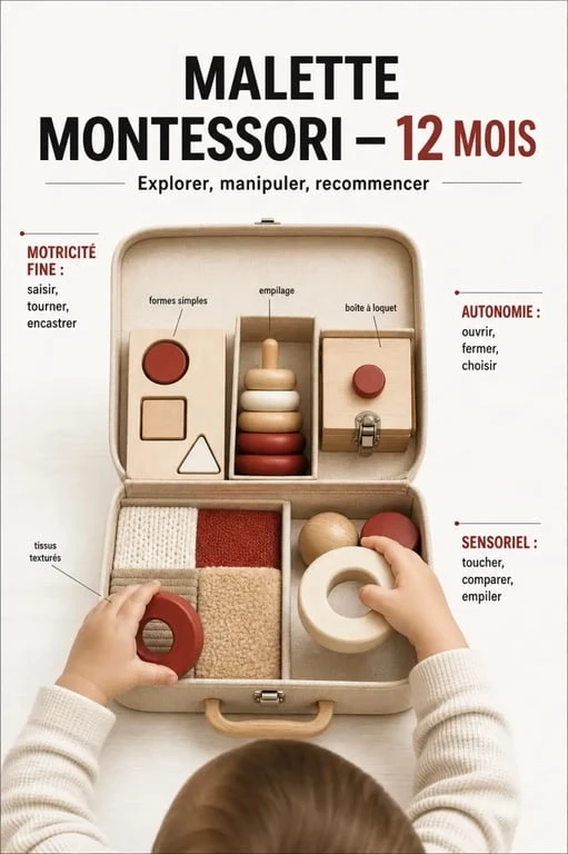 Malette Montessori 1 an illustrée avec activités adaptées à 12 mois et gestes de motricité fine