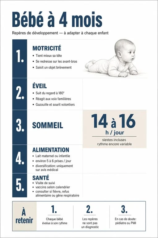 Bébé 4 mois : repères de développement, sommeil et alimentation