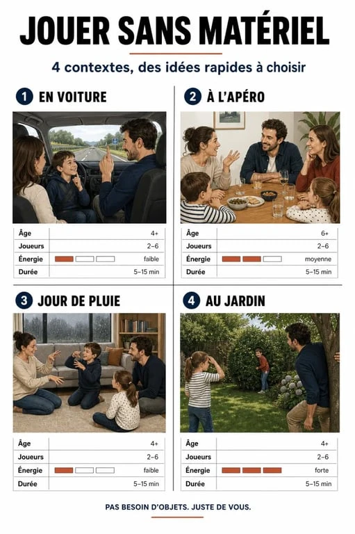 Jeu en famille sans matériel : une famille choisit rapidement une activité selon la voiture, l’apéro, la pluie ou le jardin