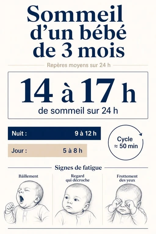 Temps sommeil bébé 3 mois : repères de sommeil jour et nuit, cycle de 50 minutes et signes de fatigue