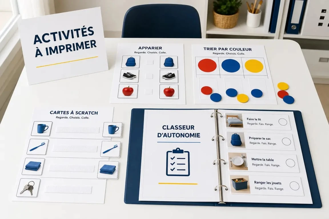 Activité pour autiste à imprimer pdf avec fiches visuelles simples pour appariement, tri et autonomie