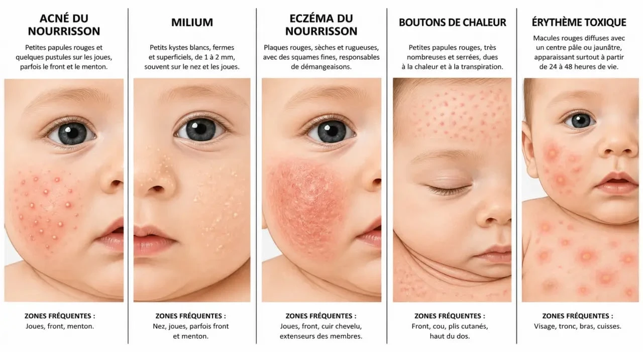 Bouton visage bebe : comparaison visuelle des causes fréquentes chez le nourrisson