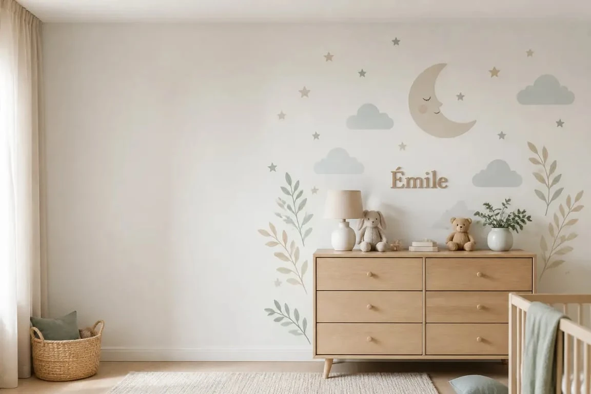 Stickers chambre enfant dans une chambre lumineuse décorée avec des motifs doux et un prénom au mur