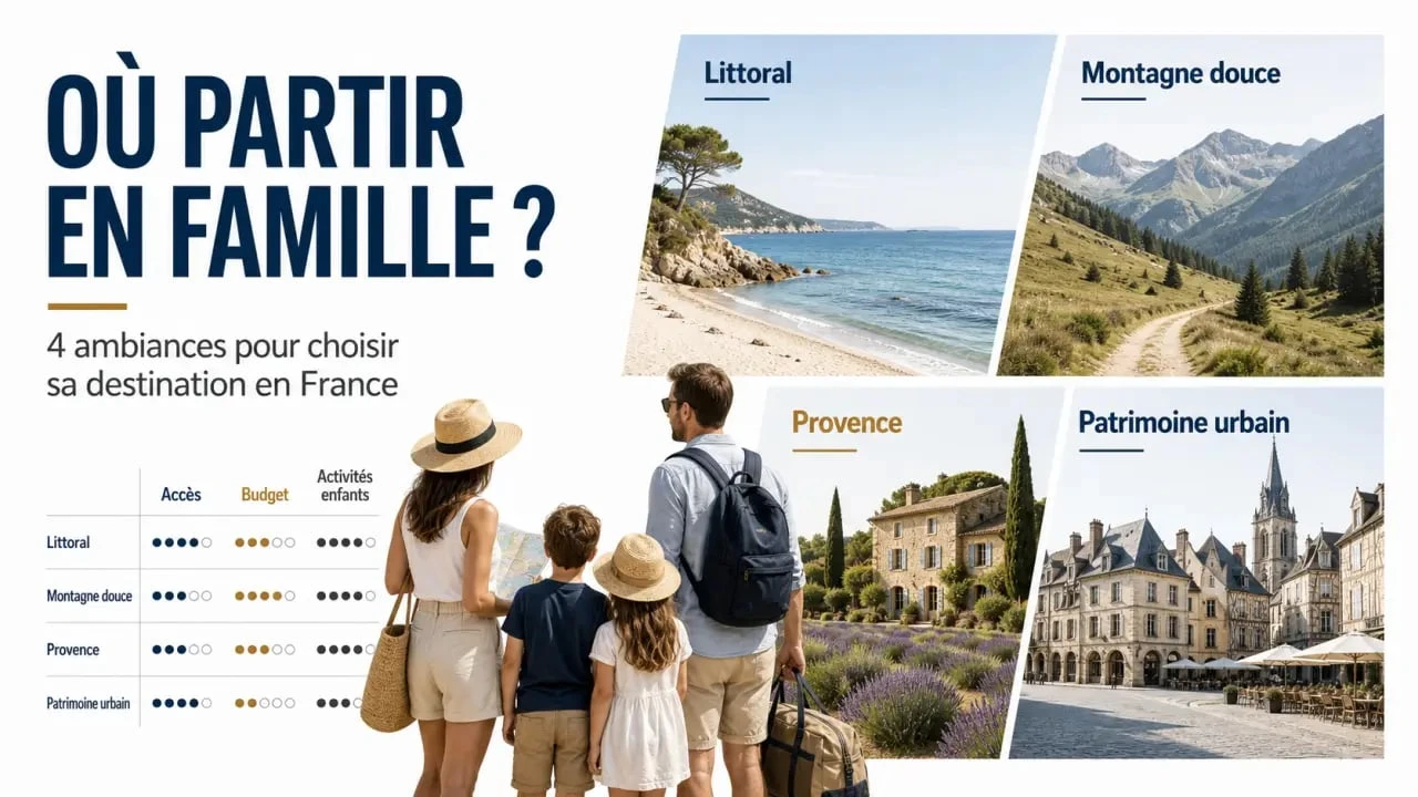 Destination idéale vacances en famille France : comparaison visuelle des séjours mer, montagne, campagne et ville