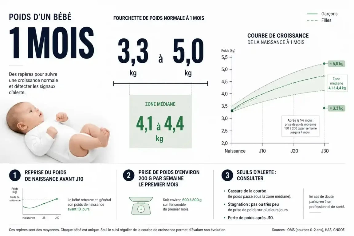 Poids bébé 1 mois : fourchette normale, courbe de croissance et seuils d’alerte