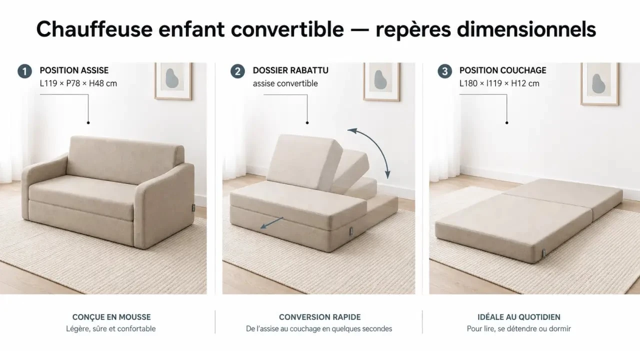 Chauffeuse enfant 2 places convertible en mode assise et en mode couchage avec dimensions