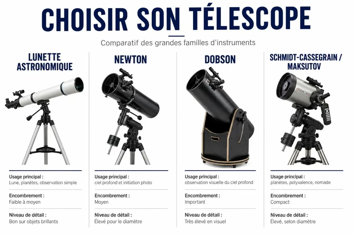 Comment choisir un telescope : comparaison visuelle des lunettes, Newton, Dobson et Schmidt-Cassegrain selon l’usage
