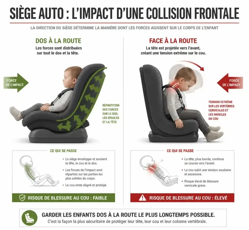 Infographie comparant la sécurité d'un bébé face à la route et dos à la route en cas de choc frontal