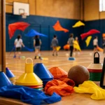 Jeu éducatif sport : séance en gymnase avec plots et minuteur
