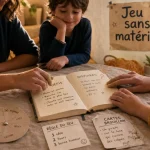 Jeu en famille sans matériel : mains sur un carnet et des cartes