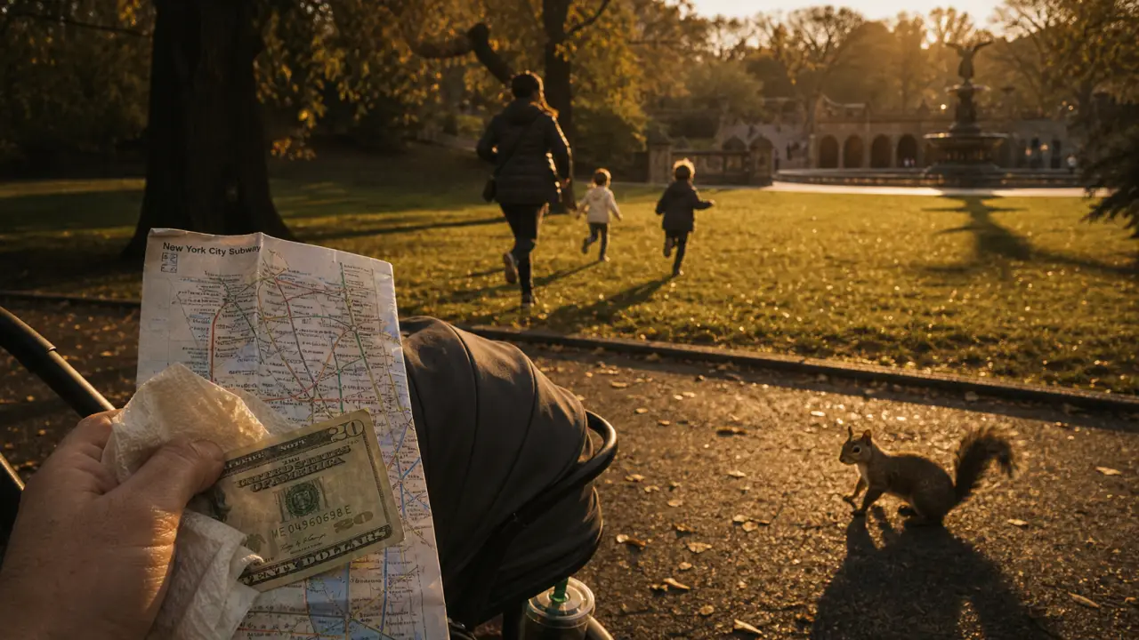 New York en famille à Central Park, poussette et écureuil à la golden hour
