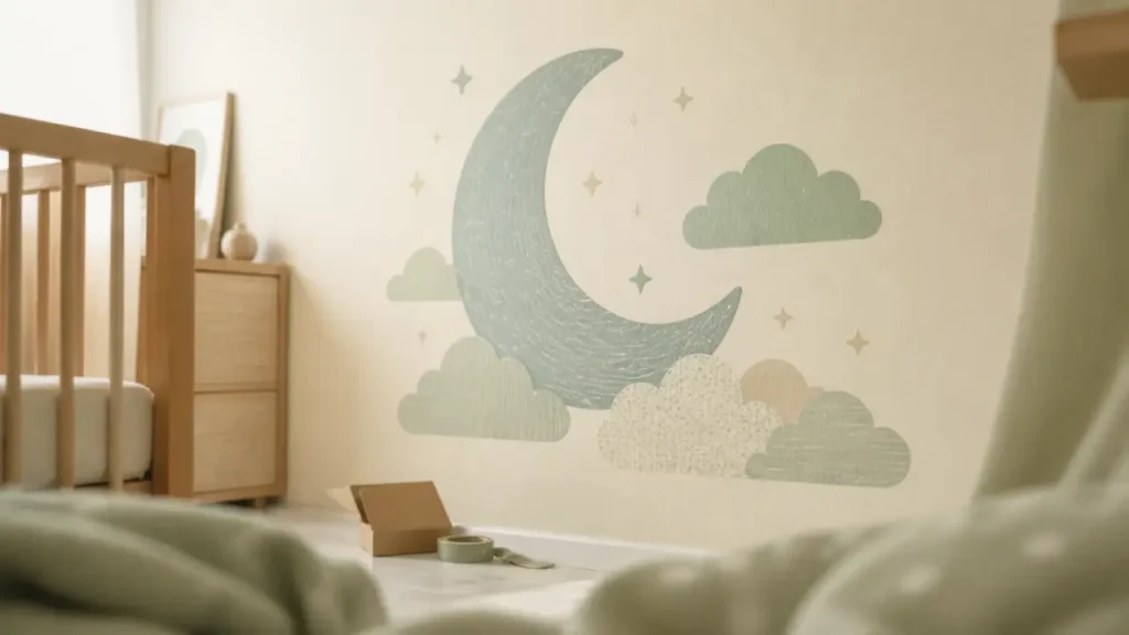 Stickers chambre enfant lune et nuages sur mur