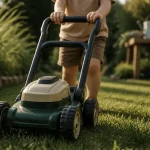 Tondeuse enfant jouet dans un jardin, jeu d’imitation sécurisé