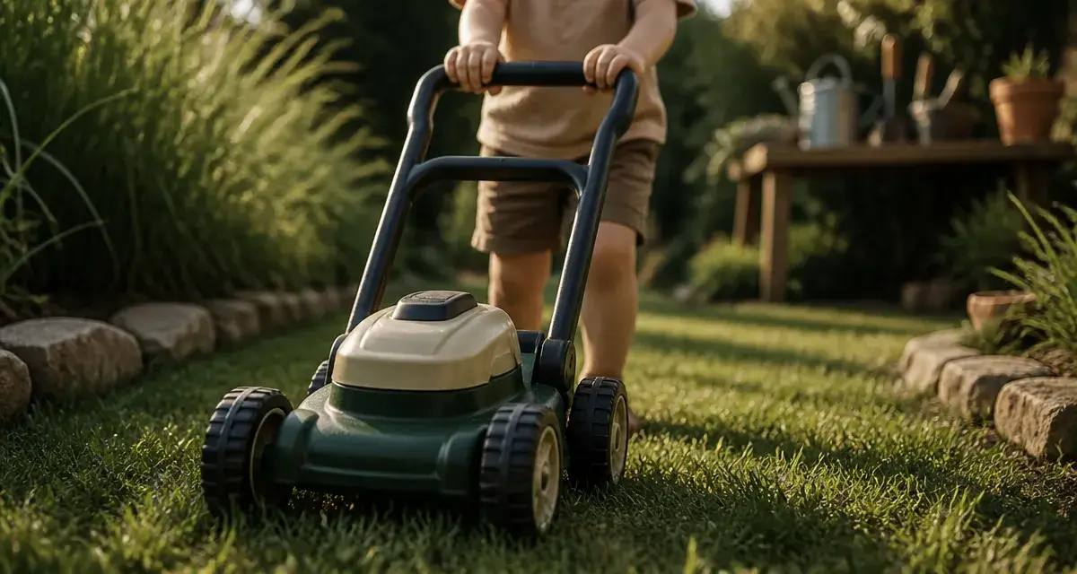 Tondeuse enfant jouet dans un jardin, jeu d’imitation sécurisé