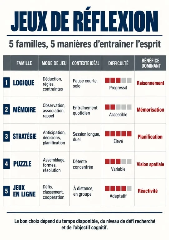 Infographie des jeux de réflexion et de logique selon le type, le niveau et le mode de jeu