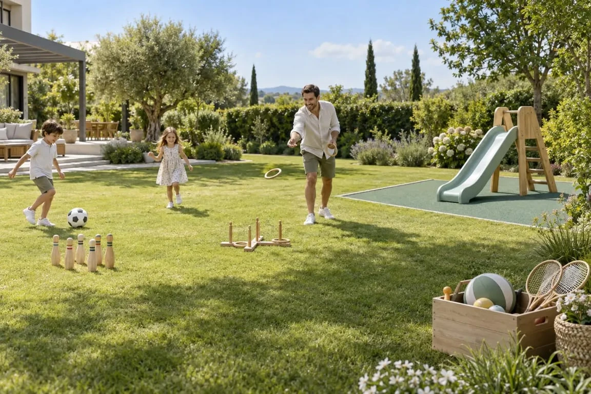 Famille utilisant différents jeux pour extérieur dans un jardin organisé et sécurisé