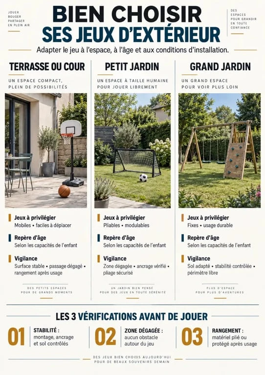 Infographie des jeux pour extérieur selon l’âge, l’espace disponible et les critères de sécurité