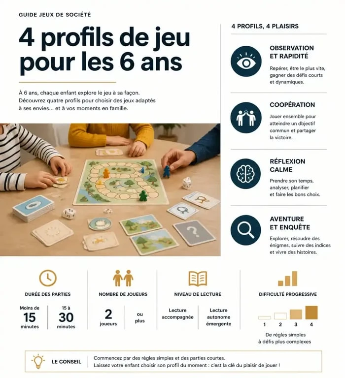 Jeu de société 6 ans : repères pour choisir selon la durée, le nombre de joueurs et le type de jeu
