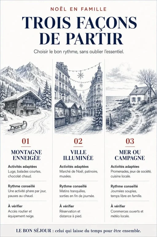 Infographie pour choisir des vacances en famille pour Noël entre montagne, ville, mer et campagne