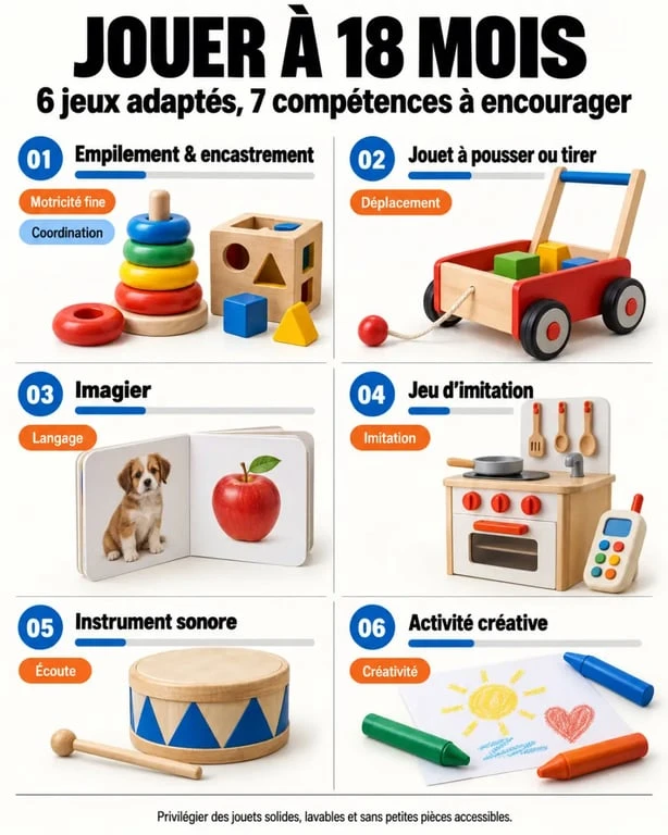 Infographie sur le jeu éducatif 18 mois et les compétences développées