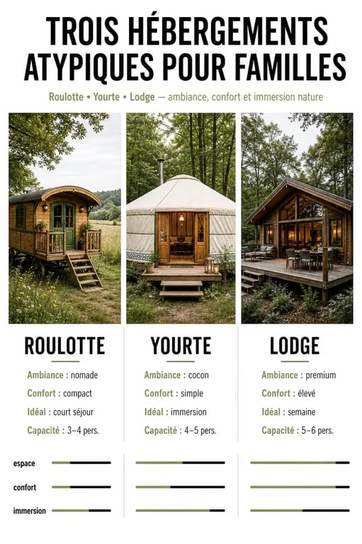 Week-end insolite en famille : comparaison visuelle entre roulotte, yourte et lodge