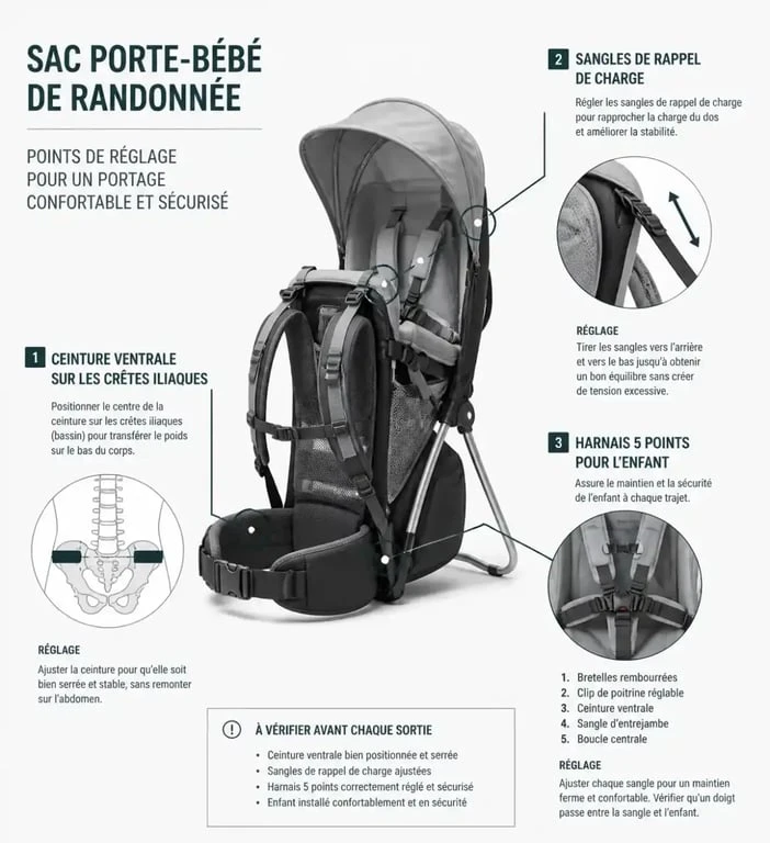 Schéma des réglages ergonomiques d'un sac porte-bébé de randonnée