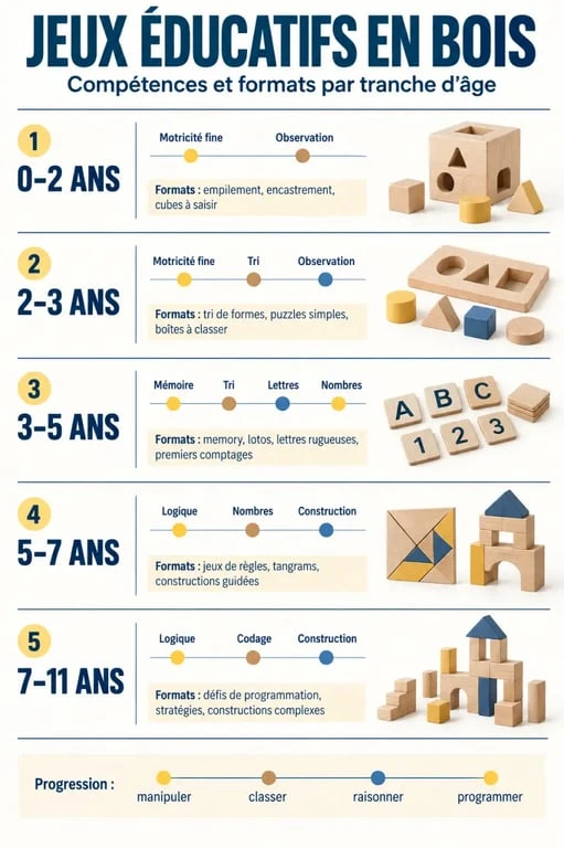 Infographie sur les jeux éducatifs en bois par âge et compétence