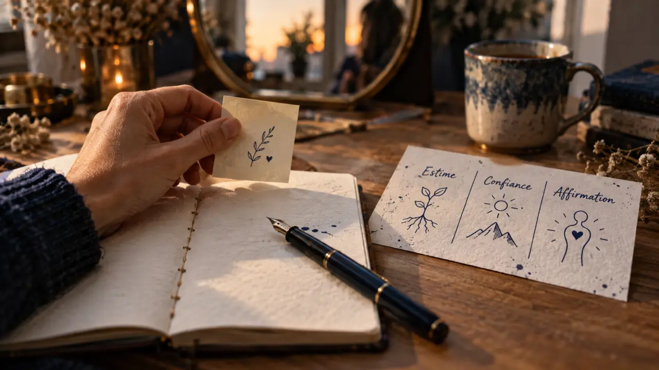 Estime de soi confiance en soi : schéma sur carnet, affirmation de soi