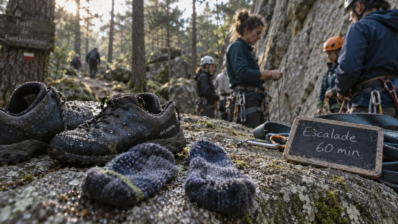 Fontainebleau activités : escalade en groupe sous forêt humide